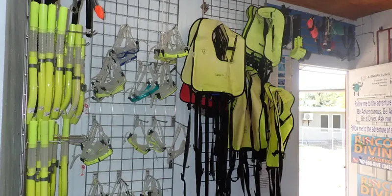 Equipement de plongée complet suspendu sur un mur grillagé dans un magasin