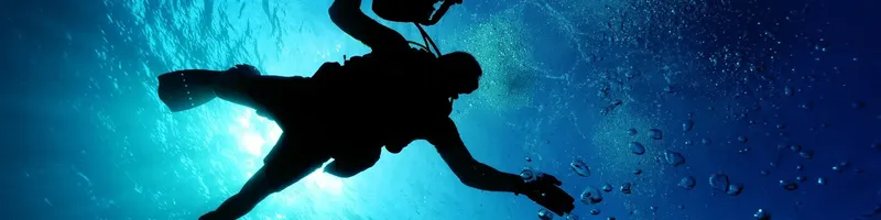 Plongeur en silhouette, vue d'en bas, lumière du soleil et bulles
