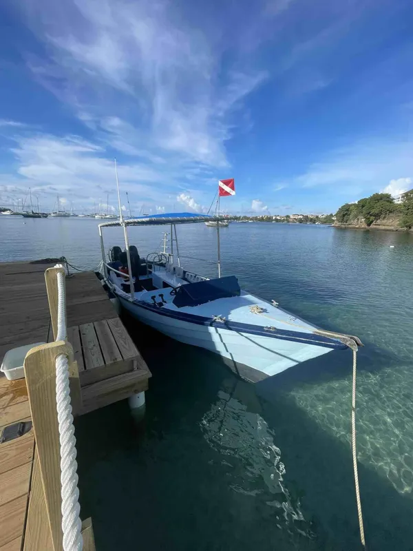 Bateau de plongée amarré à un ponton en bois sous ciel bleu