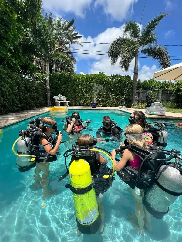 Groupe de personnes en combinaison de plongée dans une piscine