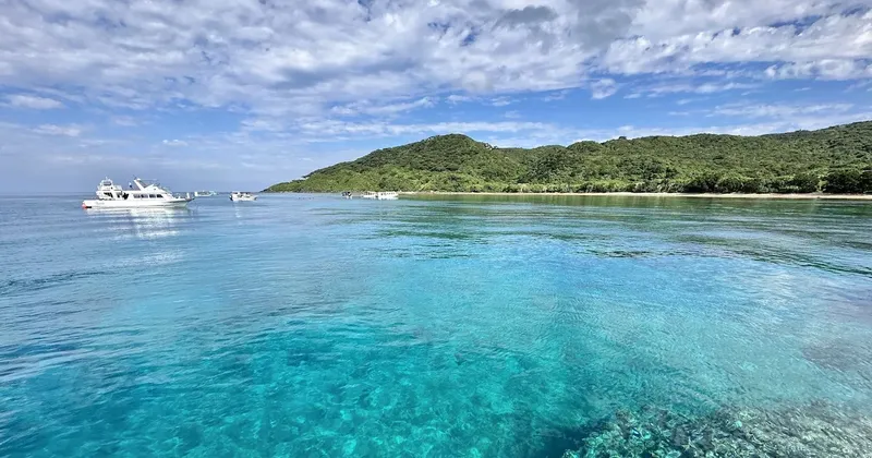 Vue d'ensemble d'une côte avec des bateaux et une eau turquoise