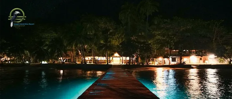 Vue nocturne d'un centre de plongée avec ponton et végétation tropicale