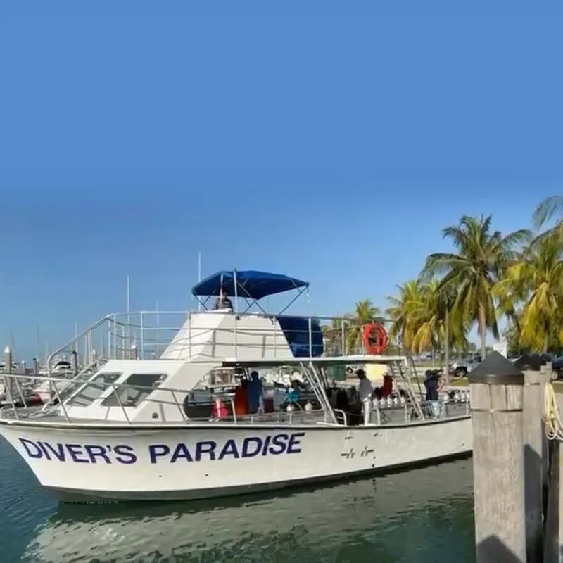 Bateau de plongée amarré au ponton avec des personnes à bord