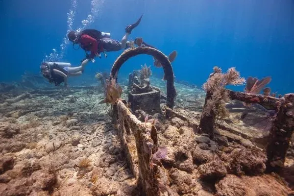 Deux plongeurs explorent une épave colonisée par la vie marine