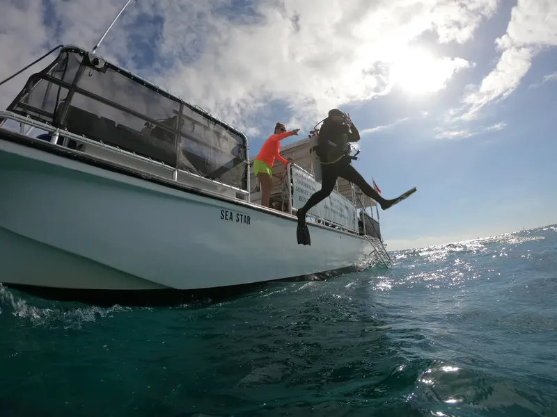 Plongeur s'apprête à sauter d'un bateau de plongée en pleine mer