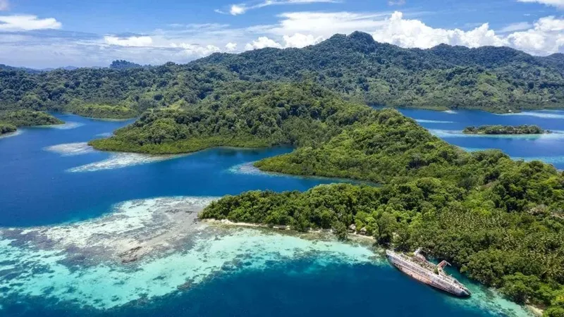 Vue aérienne d'une épave de bateau dans une baie tropicale