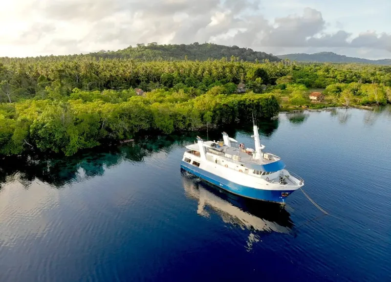 Bateau de plongée blanc et bleu naviguant dans une eau calme