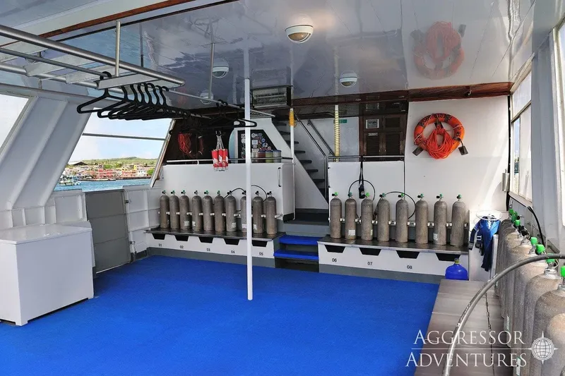 Intérieur d'un bateau de plongée avec des bouteilles et du matériel