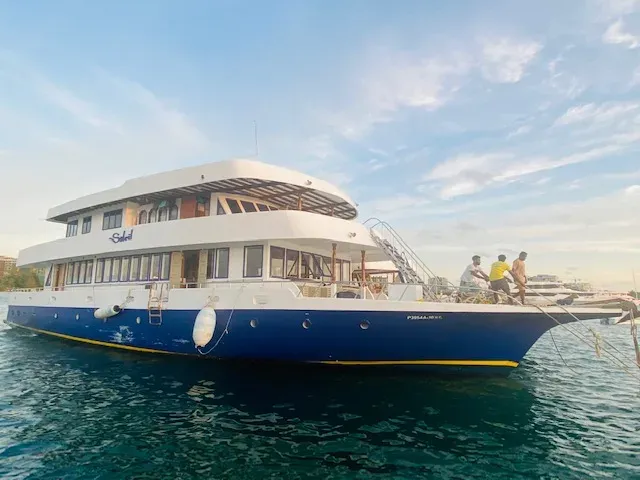 Grand bateau de plongée blanc et bleu avec des personnes à bord