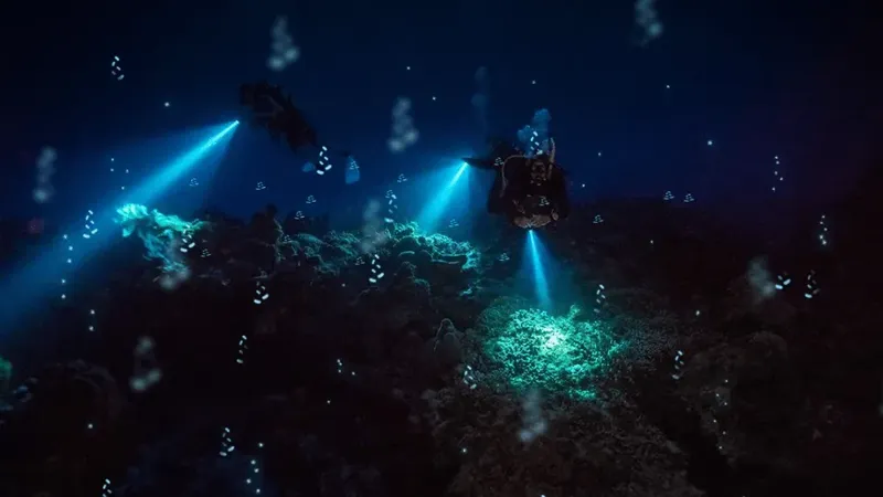 Plongeurs explorant un récif corallien illuminé dans les profondeurs bleues