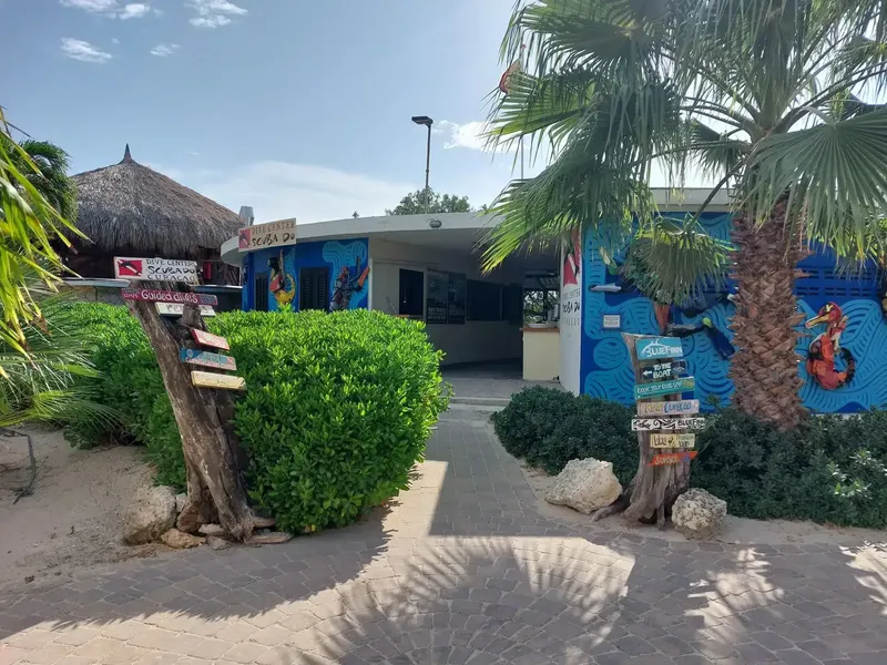 Façade d'un centre de plongée tropical avec végétation luxuriante et palmiers