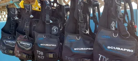 Rangée de gilets stabilisateurs Scubapro noirs et gris suspendus côte à côte