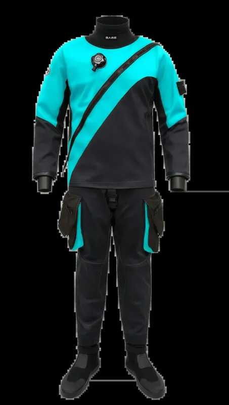 Combinaison de plongée étanche turquoise et noire sur mannequin noir