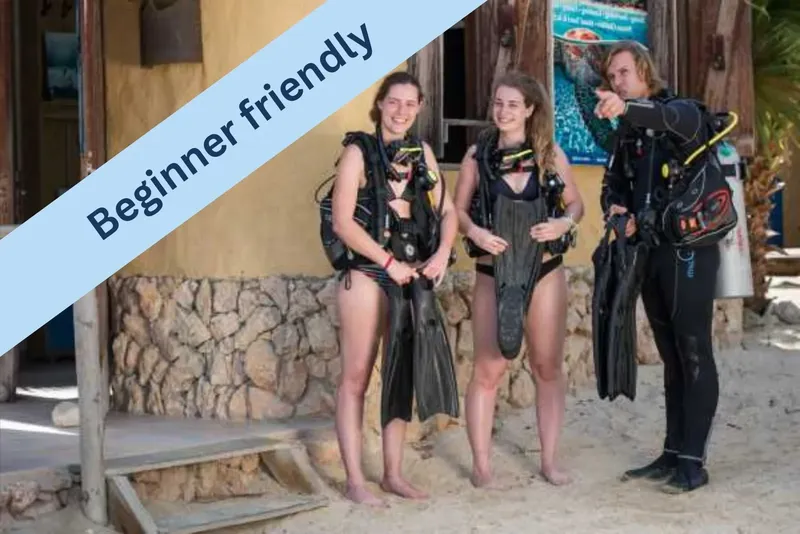 Trois plongeurs souriants équipés sur une plage ensoleillée