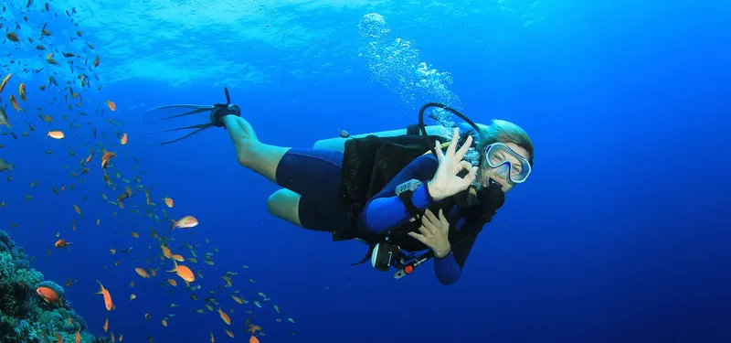 Plongeur souriant en combinaison, entouré de petits poissons colorés