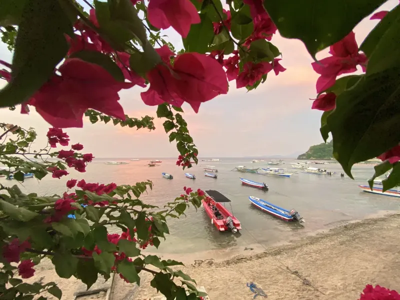 Plage avec plusieurs bateaux de pêche au coucher du soleil