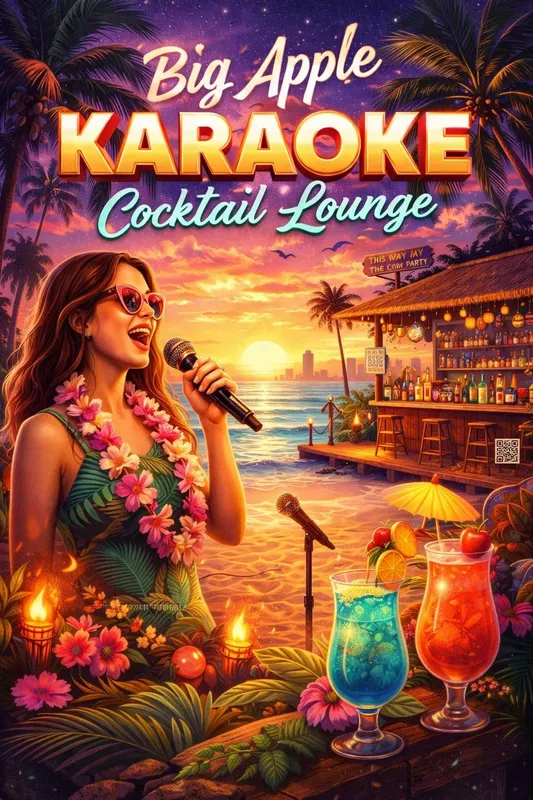 Affiche colorée d'une femme chantant au micro dans un bar tropical