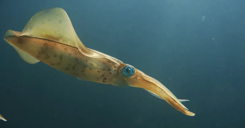 Seiche nageant dans l'eau bleue, corps allongé, ailerons déployés
