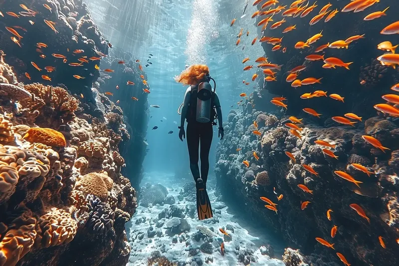 Plongeuse explorant un récif corallien avec de nombreux poissons colorés