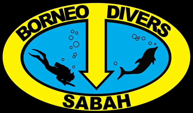 Logo de plongée avec un plongeur, un dauphin et des bulles