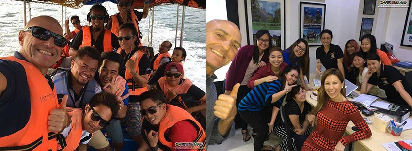 Groupe de personnes souriantes sur un bateau et dans un bureau