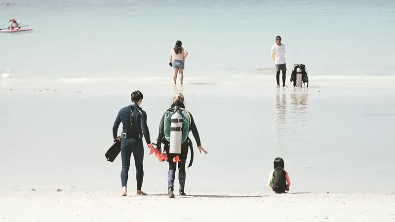 Plongeurs préparant leur matériel sur une plage de sable blanc