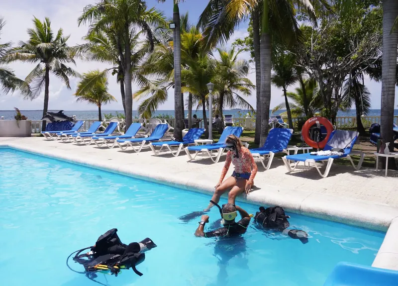 Personnes en équipement de plongée dans une piscine ensoleillée avec transats
