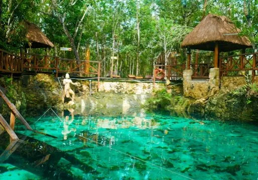 Personne se tenant debout dans une eau turquoise claire et végétation luxuriante