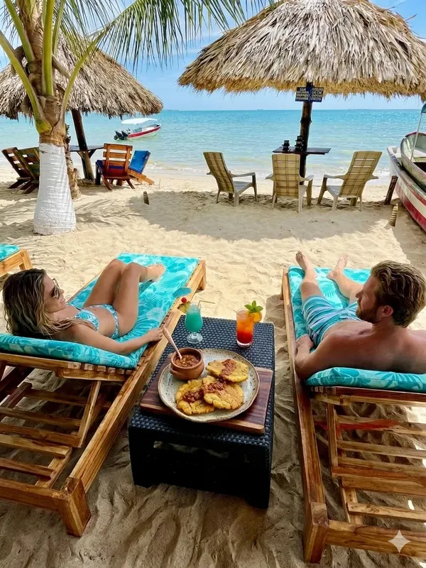 Couple se relaxant sur la plage avec des boissons et de la nourriture