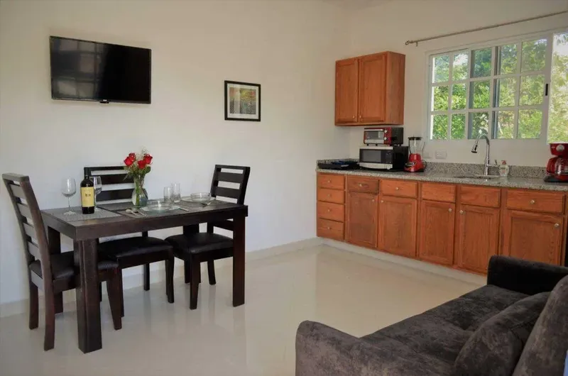 Intérieur lumineux avec coin repas, cuisine équipée et canapé gris