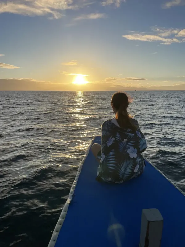 Une personne assise sur un bateau bleu regarde le soleil couchant sur la mer