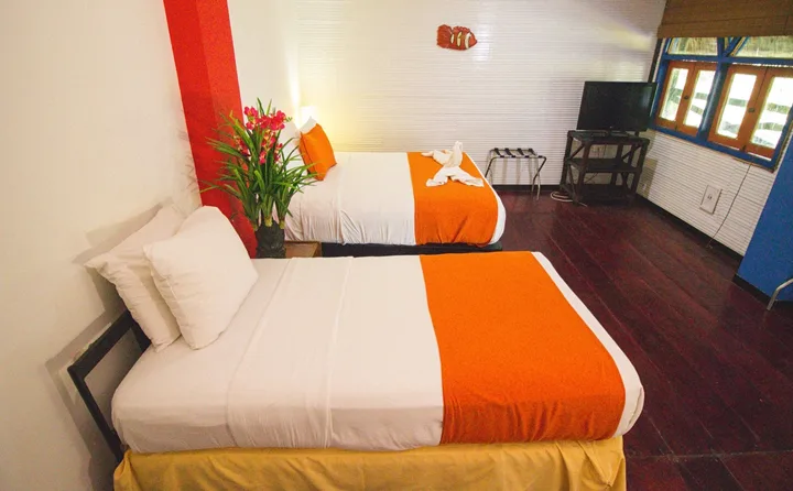 Chambre d'hôtel avec deux lits, décoration florale et télévision
