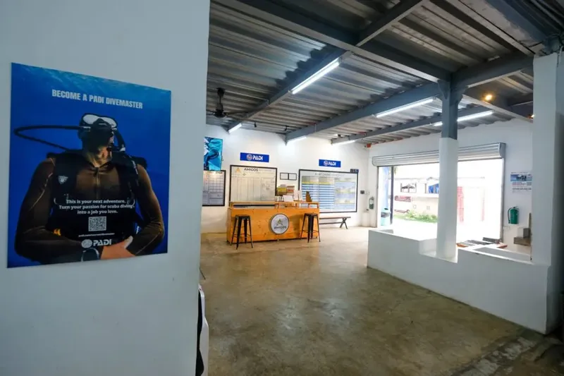 Intérieur d'un centre de plongée avec un comptoir d'accueil et une affiche PADI