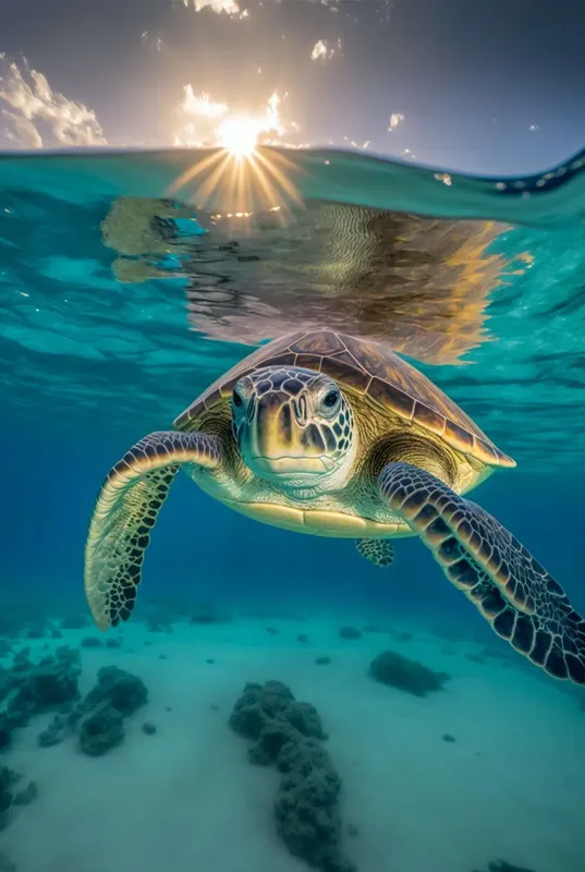 Tortue marine nageant en eaux claires, lumière du soleil filtrant