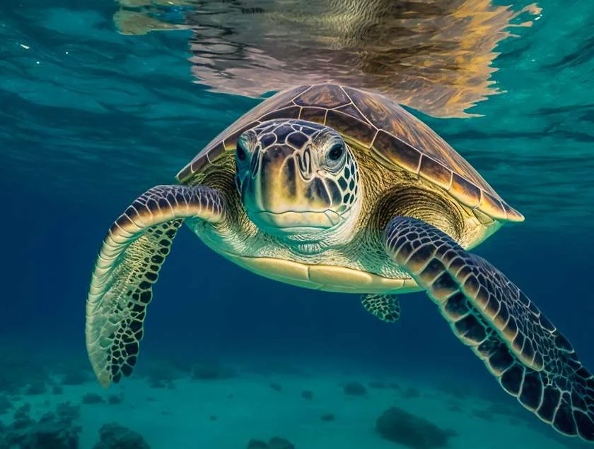 Tortue marine nageant paisiblement dans une eau turquoise et limpide