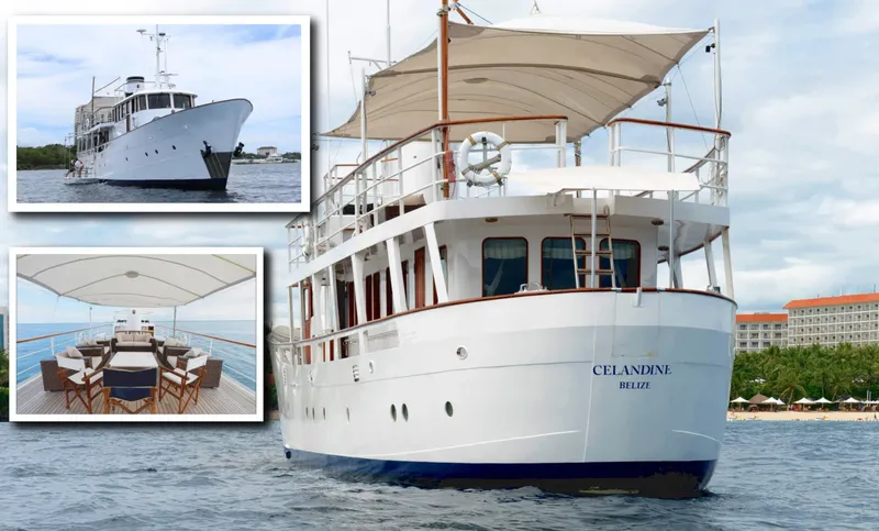 Grand bateau blanc à quai avec des espaces de vie extérieurs