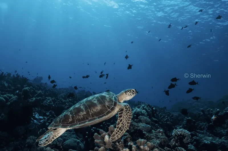 Tortue marine nageant au-dessus d'un récifal corallien avec des poissons