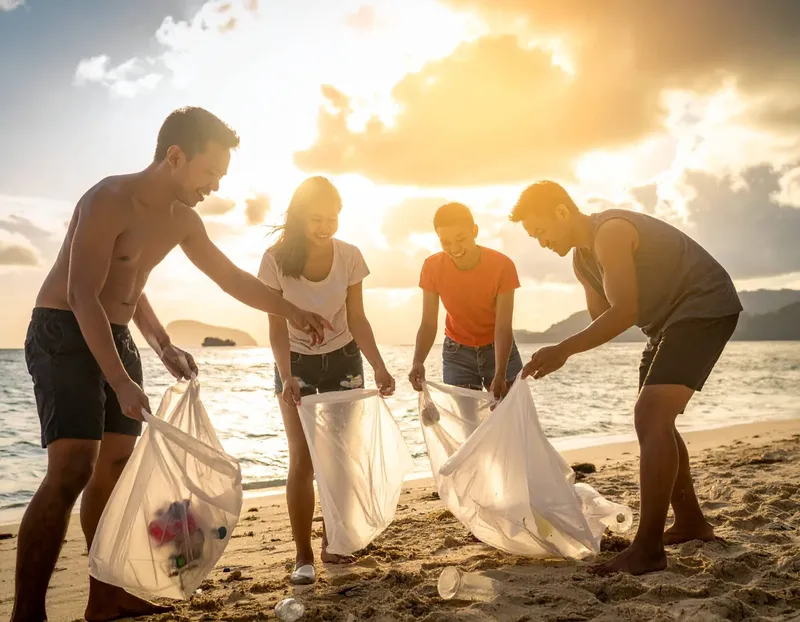 Quatre jeunes ramassent des déchets plastiques sur une plage ensoleillée