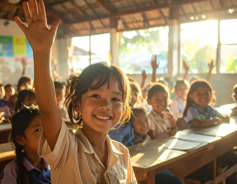 Enfants souriants dans une salle de classe, une élève lève la main