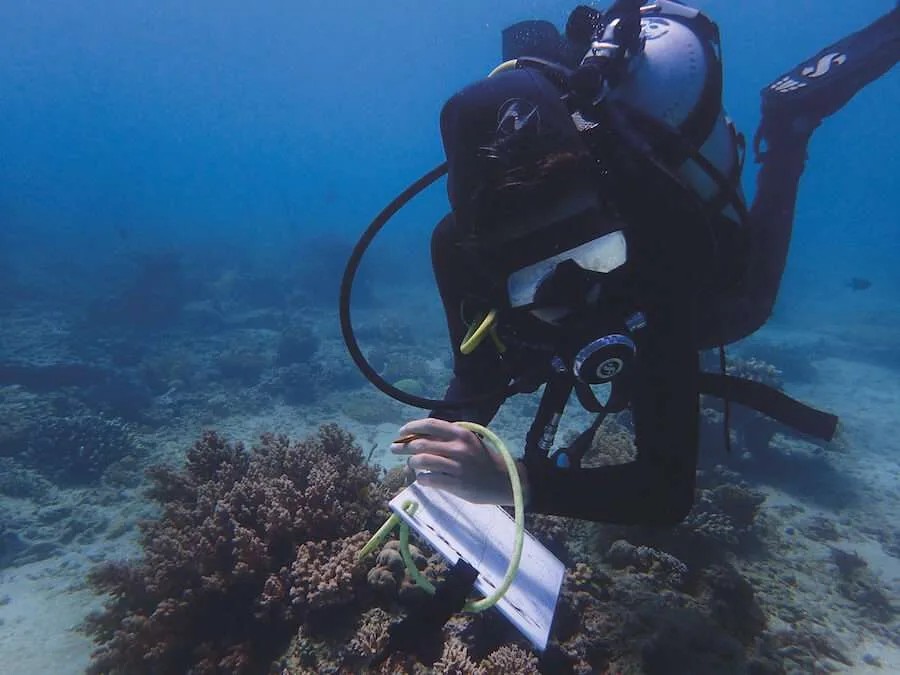 Plongeur en milieu marin, manipulant une tablette de données sous-marine