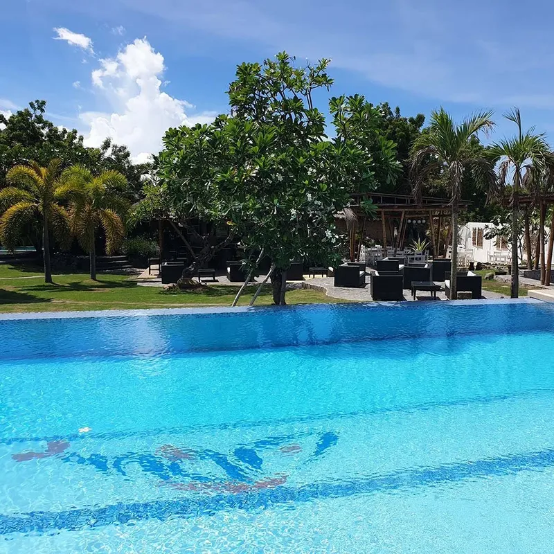 Piscine avec mosaïque de poissons, végétation tropicale et bâtiments
