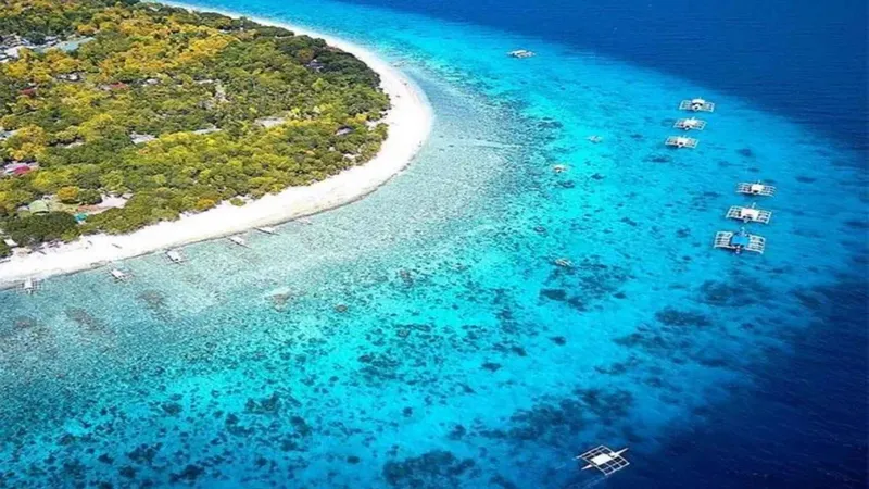 Vue aérienne d'une côte tropicale avec des bateaux de pêche