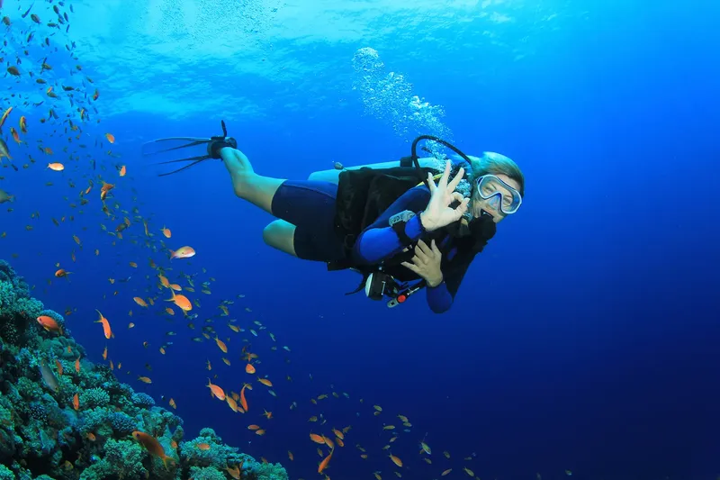 Plongeuse souriante avec signe OK entourée de petits poissons colorés