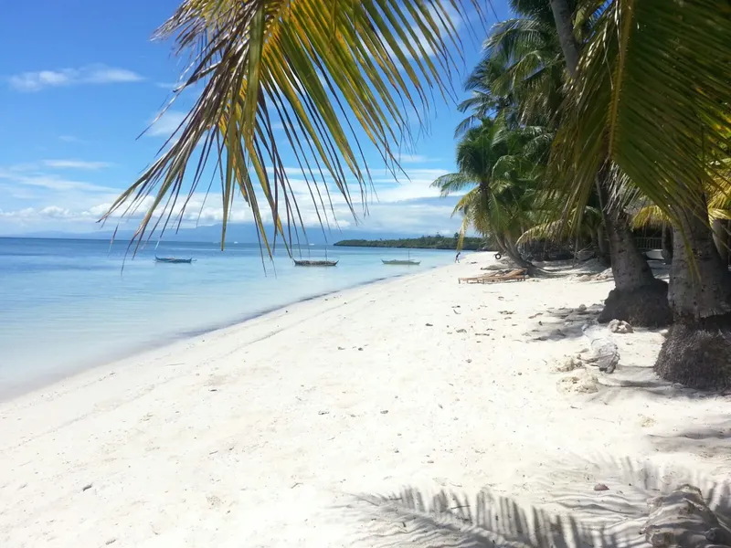 Plage de sable blanc, palmiers, mer turquoise et bateaux au loin