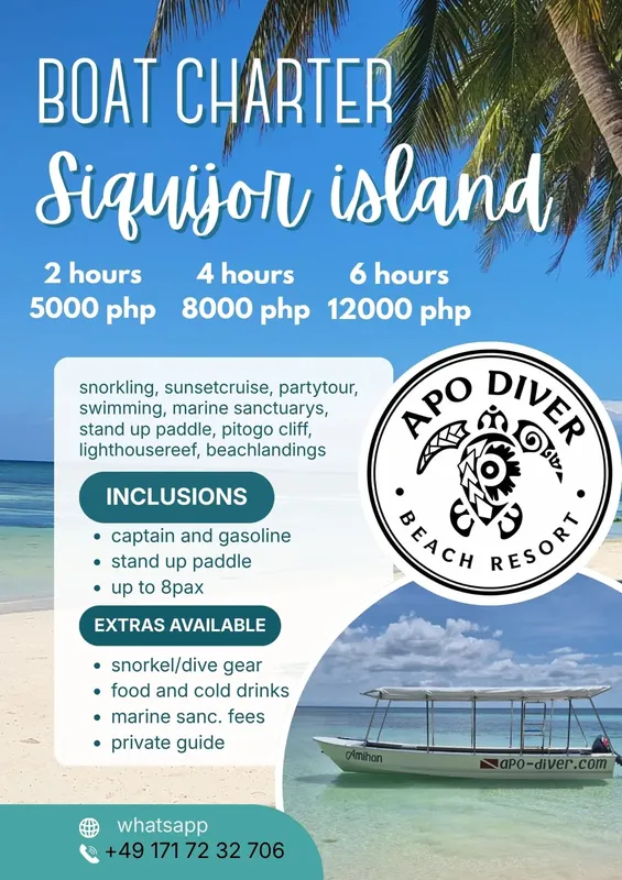 Publicité pour location de bateau à Siquijor Island avec tarifs