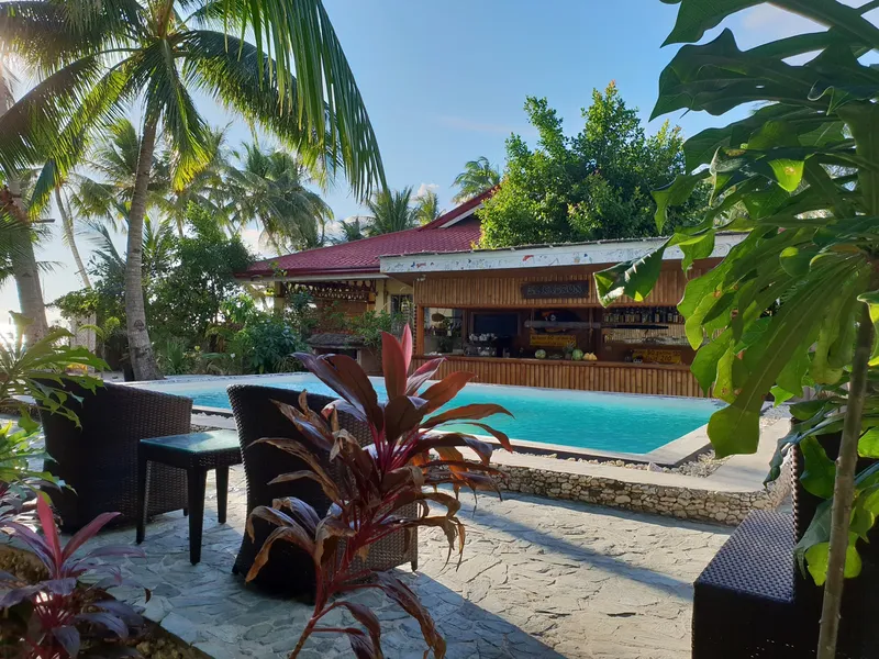Bâtiment avec piscine, végétation tropicale et mobilier de jardin extérieur