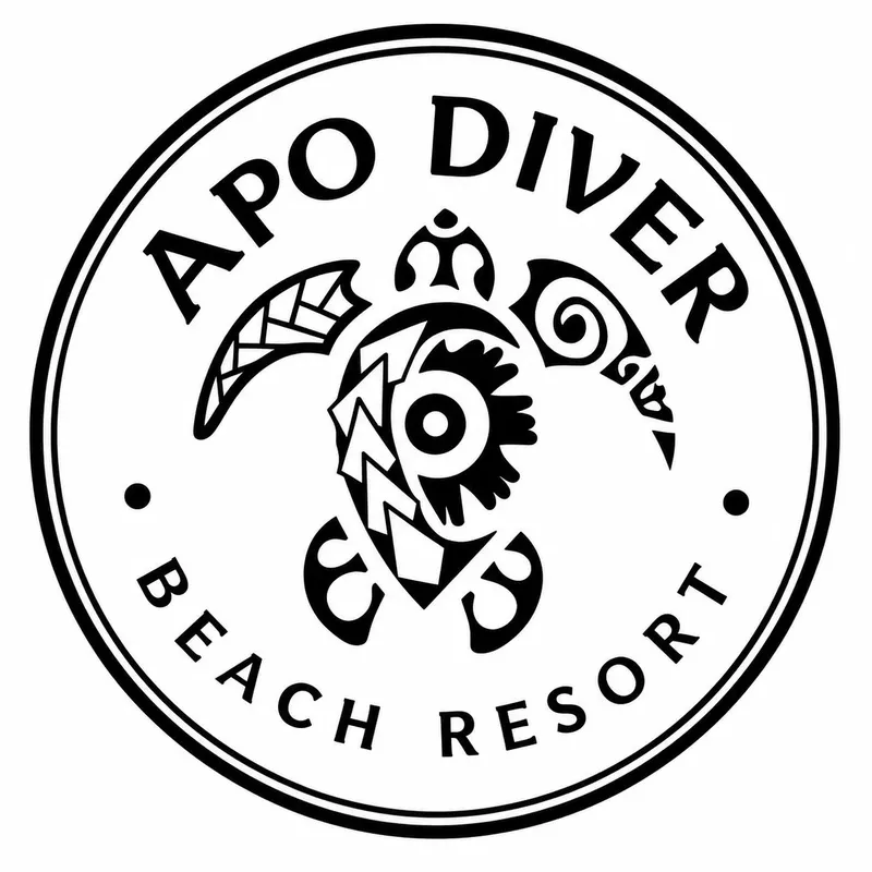 Logo circulaire noir et blanc avec une tortue et des éléments marins