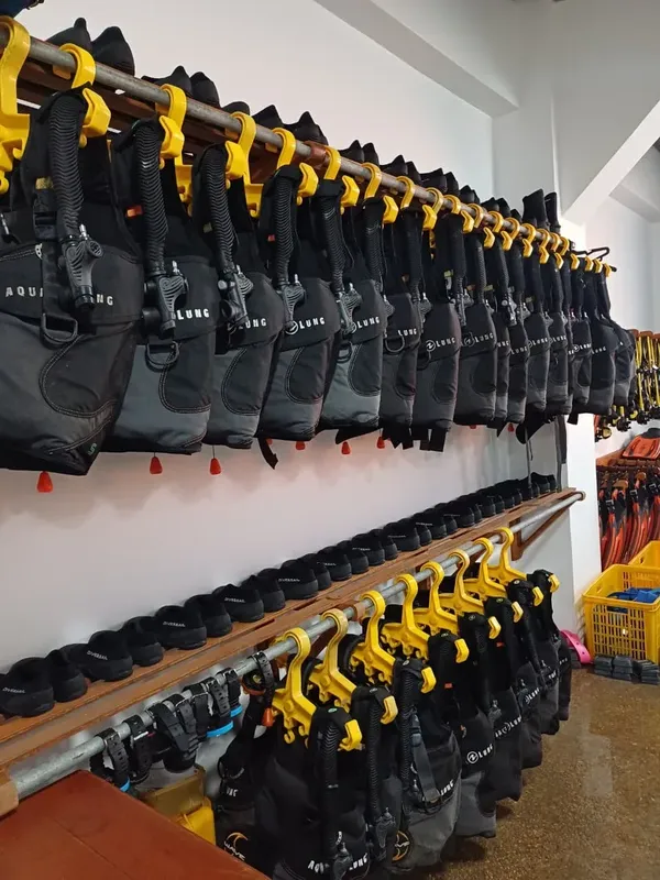 Rangées de gilets de sauvetage noirs et jaunes accrochés au mur