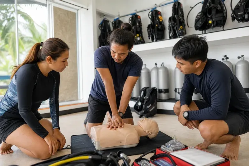 Trois personnes suivent une formation de premiers secours avec un mannequin