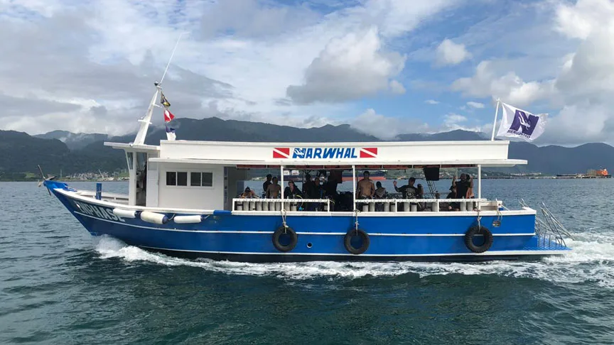 Bateau de plongée bleu avec des passagers et des drapeaux flottants